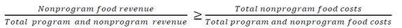 Non program food revenue / total program and non program revenue is greater than or equal to total nonprogram food costs/ total program and non program food costs