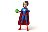 Cartoon of female superhero holding an apple.