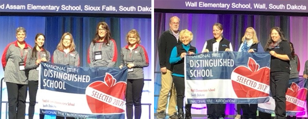 images of Fred Assam Elementary School Staff  and Wall Elementary School Staff both standing with banners saing National Title I Distinguished School Selected 2017. 